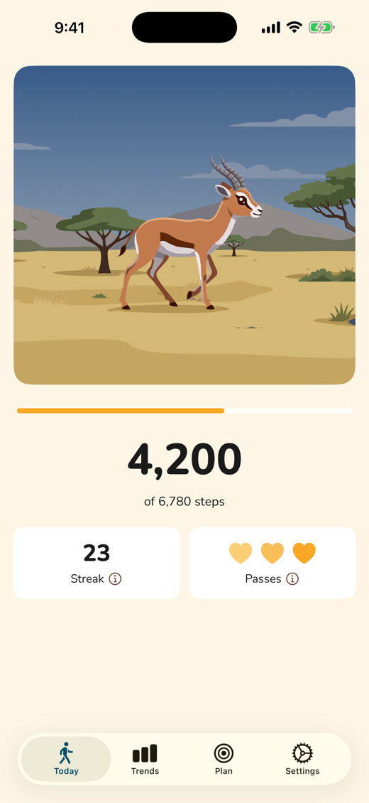 Step Gazelle Today view showing 4,200 of 6,780 steps, a gazelle crossing the savanna, a 23-day streak, and three passes